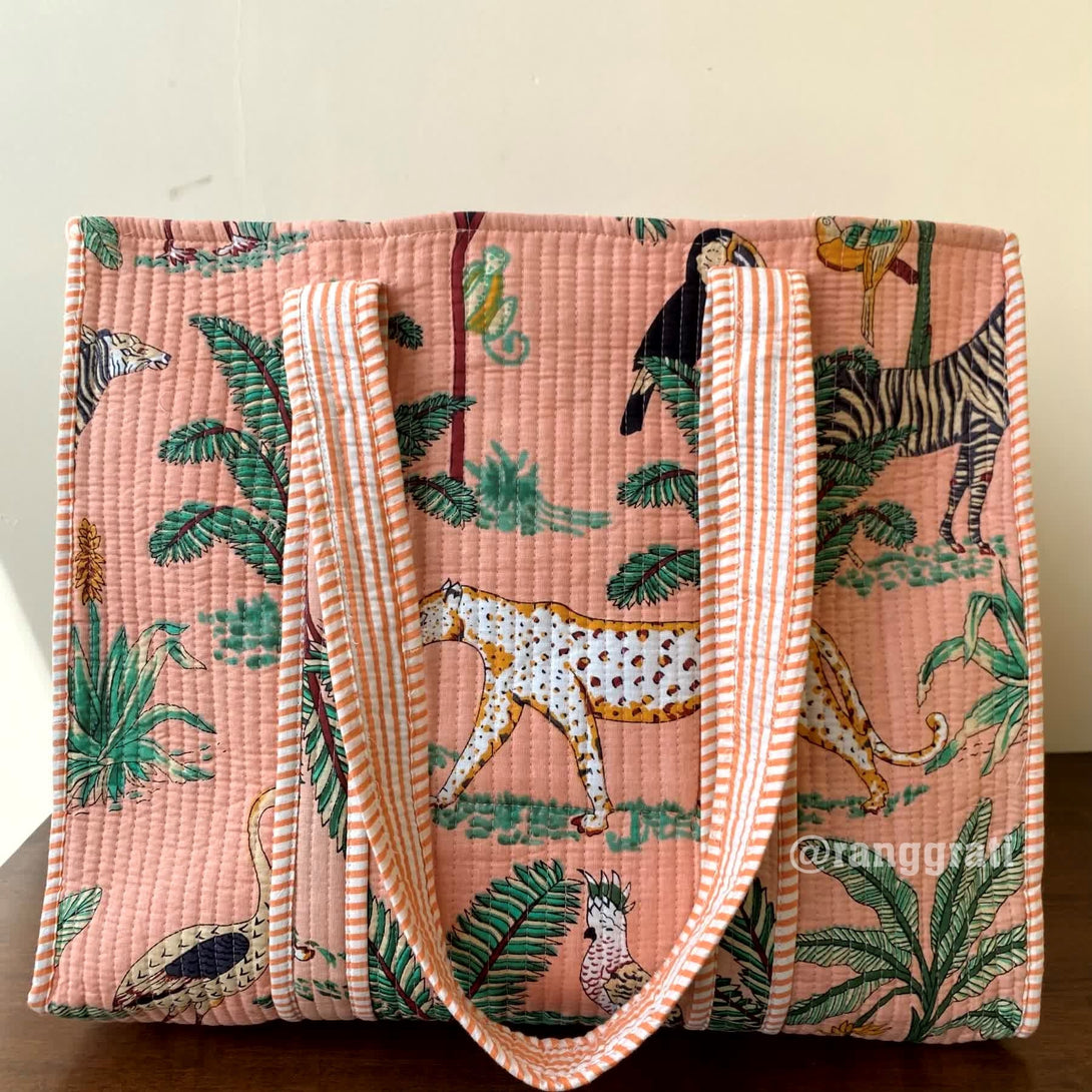Animal Peach Tote Bag Quilted Hand Block Printed Cotton Without Zip - Tote Bag