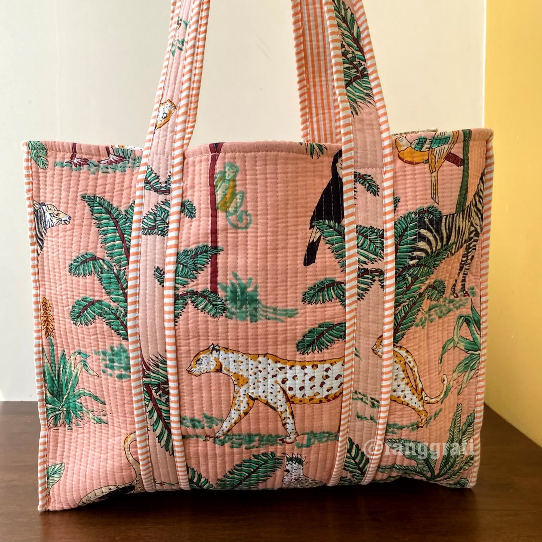 Animal Peach Tote Bag Quilted Hand Block Printed Cotton Without Zip - Tote Bag