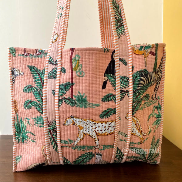 Animal Peach Tote Bag Quilted Hand Block Printed Cotton Without Zip - Tote Bag