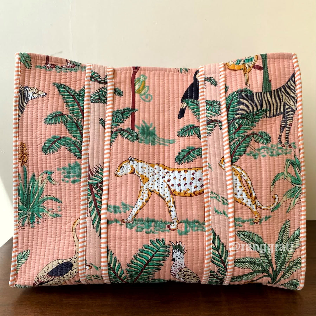 Animal Peach Tote Bag Quilted Hand Block Printed Cotton Without Zip - Tote Bag