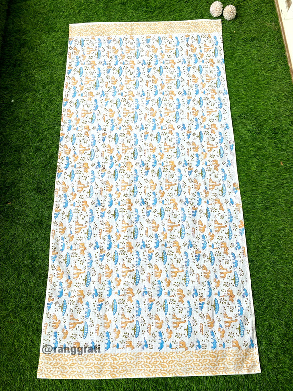 Blue Animal Hand Block Printed Body Towel In Pure Cotton Waffle