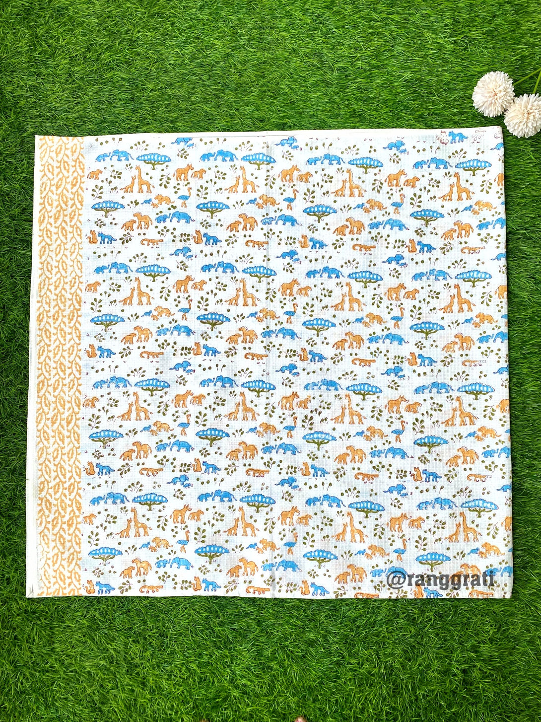 Pure Cotton Blue Animal Hand Block Printed Body Towel