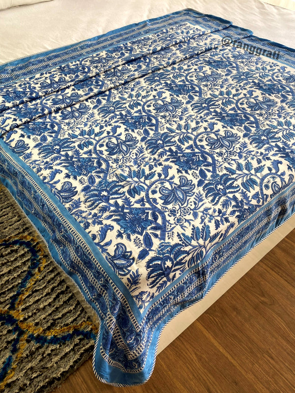 Azure Blue Floral Dohar For Single Bed In Mulmul Cotton Reversible