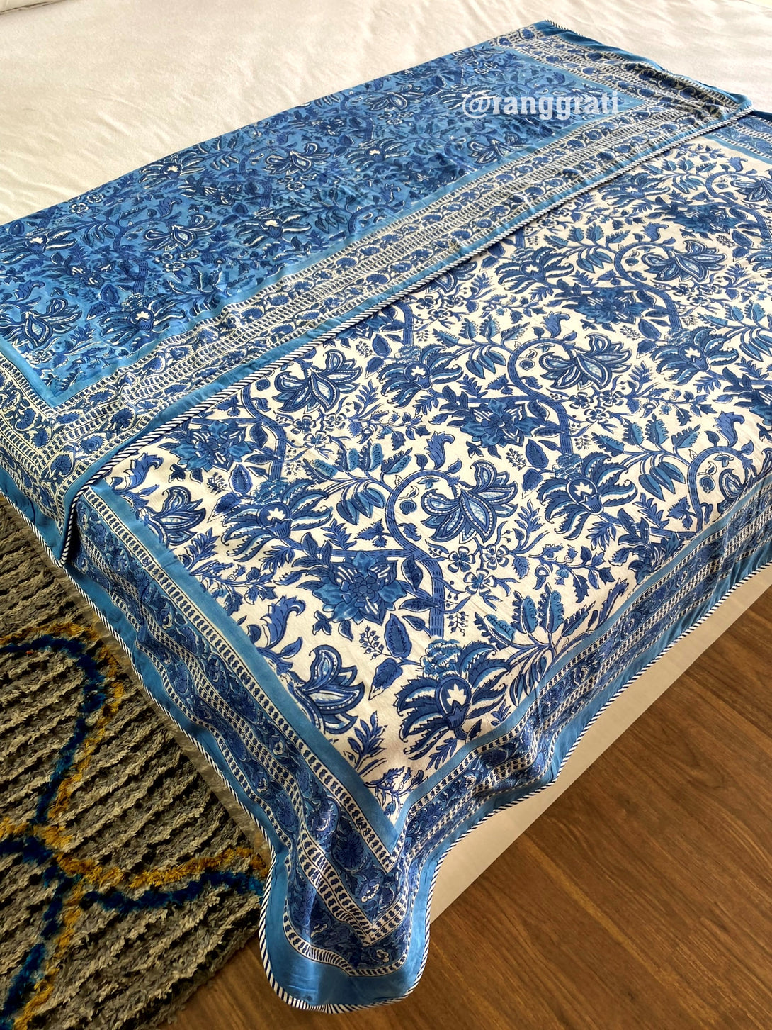 Azure Blue Floral Reversible Single Bed Dohar in Mulmul Cotton