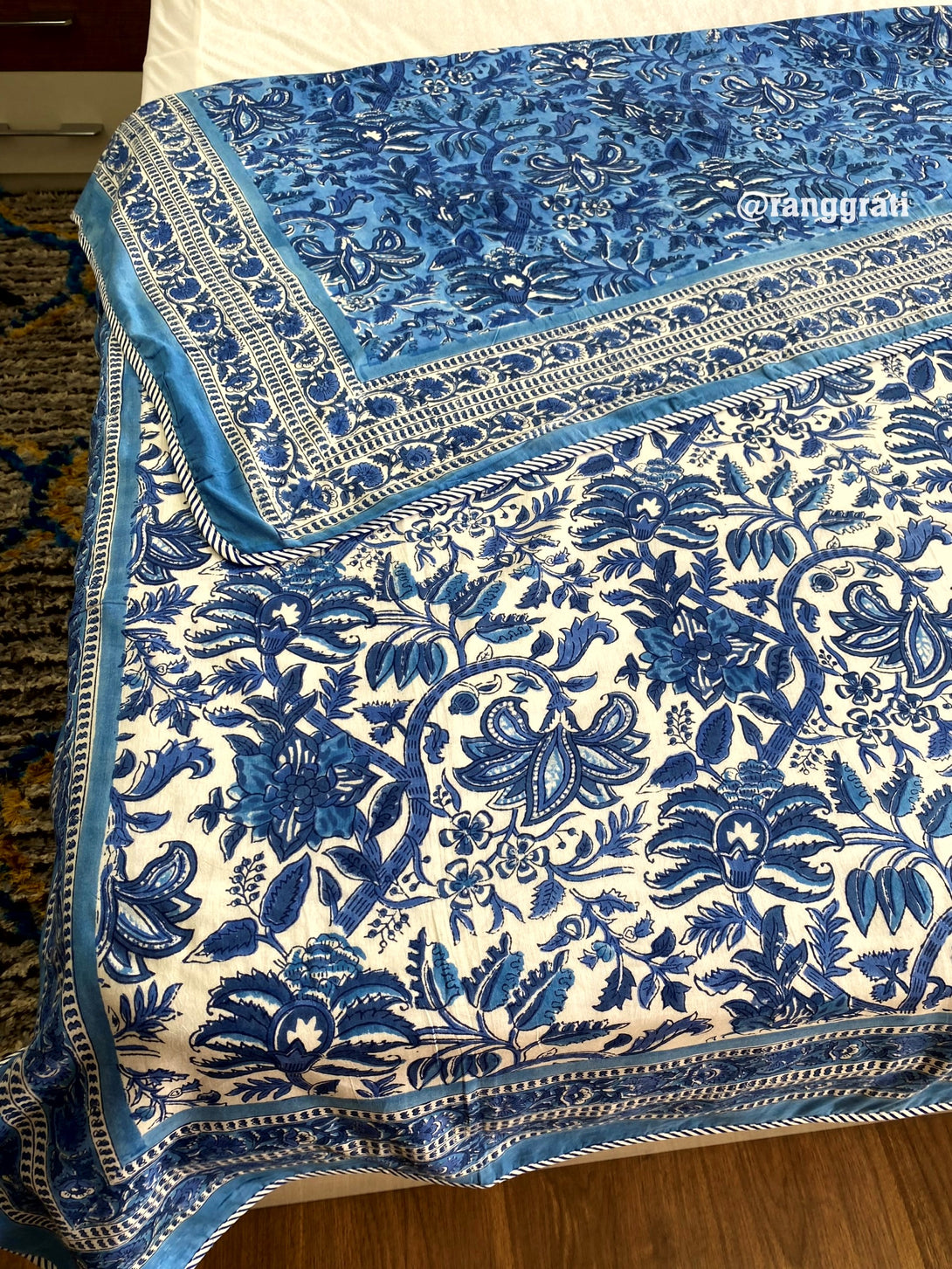 Reversible Azure Blue Floral Dohar for Single Bed in Soft Mulmul Cotton 