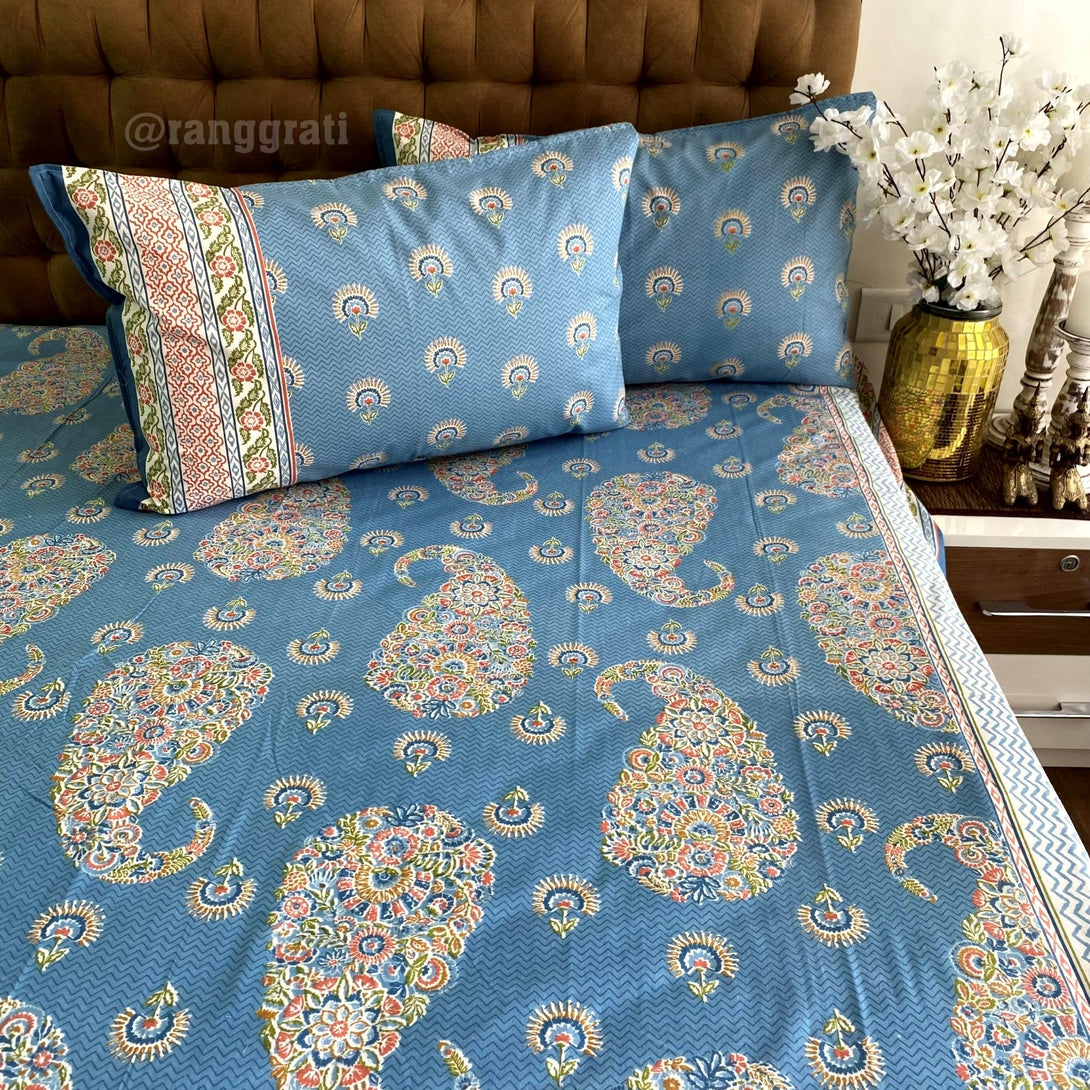 Azure Blue Paisley Jaipuri Cotton Bedsheet Super King Size - Bedsheet