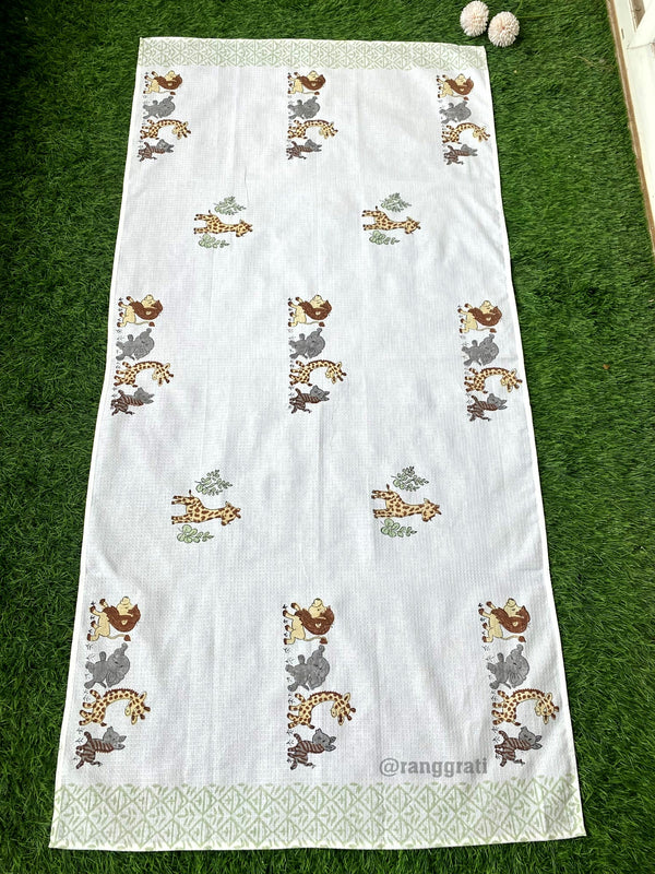 Baby Animal Hand Block Printed Body Towel In Pure Cotton Waffle