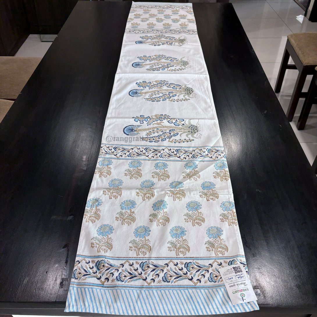 Baby Blue Floral Block Print Cotton Table Runner 6 Seater Dining Table - Table Runner
