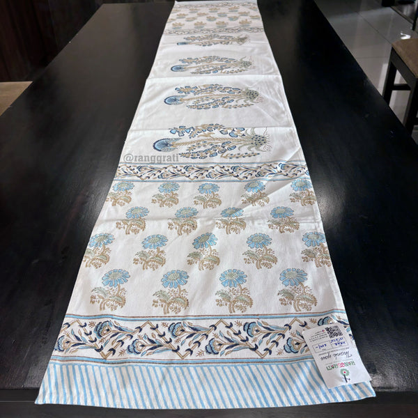 Baby Blue Floral Block Print Cotton Table Runner 6 Seater Dining Table - Table Runner