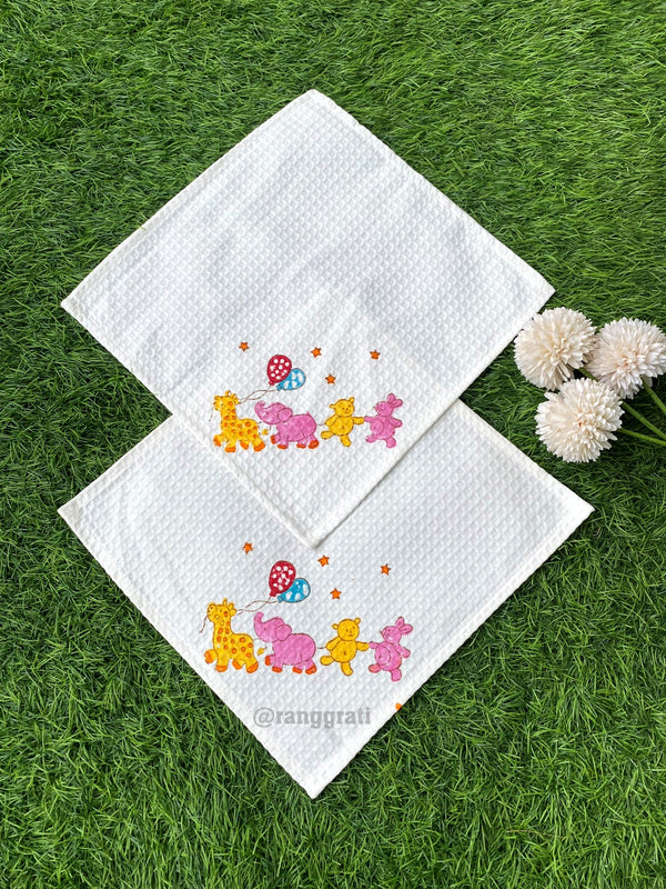 Baby Elephant Hand Block Printed Face Towel In Pure Cotton Waffle
