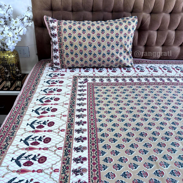 Beaver Brown Floral Jaipuri Cotton Bedsheet King Size - Bedsheet
