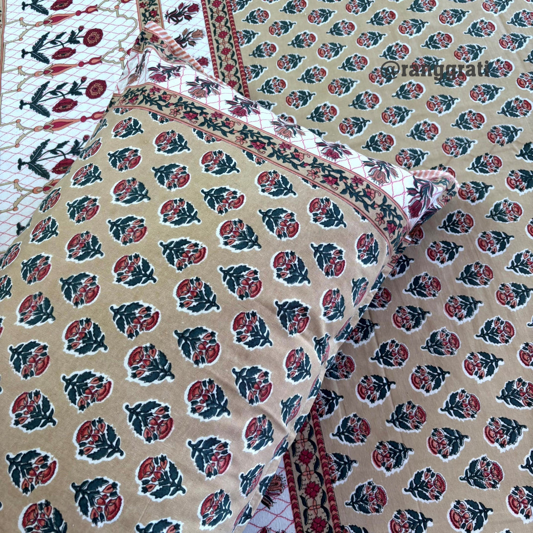 Beaver Brown Floral Jaipuri Cotton Bedsheet King Size - Bedsheet