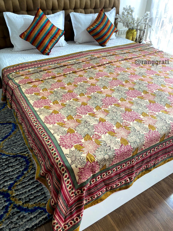 Beige Floral Dohar For Double Bed In Mulmul Cotton King Size
