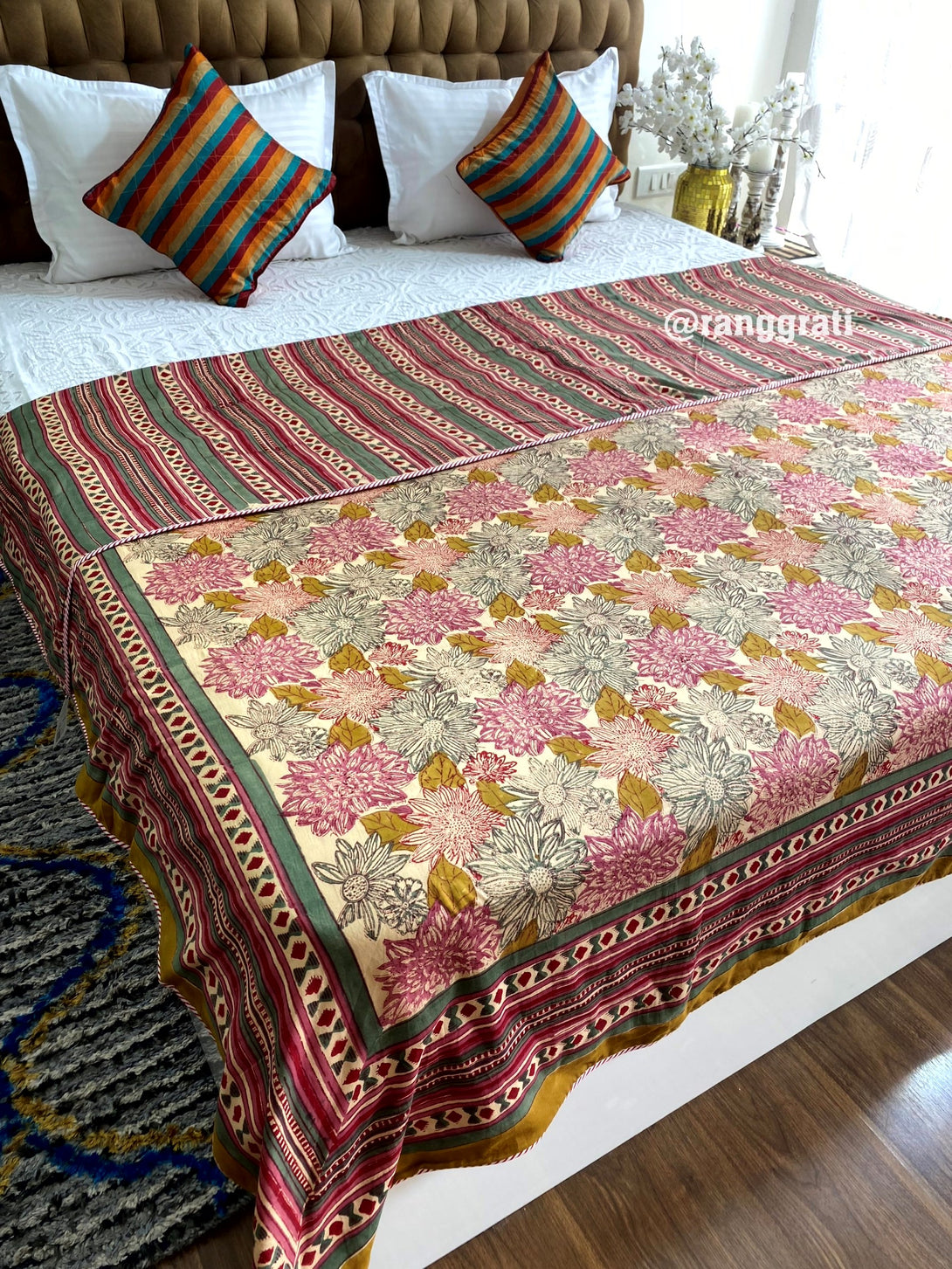 Beige Floral Dohar For Double Bed In Mulmul Cotton King Size Reversible 