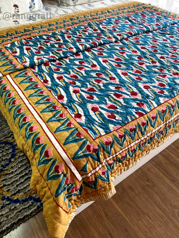 Beige Abstract Double King Razai / Quilt Cotton Hand Block Jaipuri