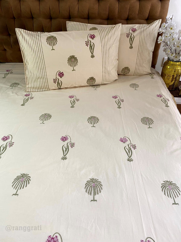 Beige Base Pink Floral Hand Block Cotton King Size Bedsheet