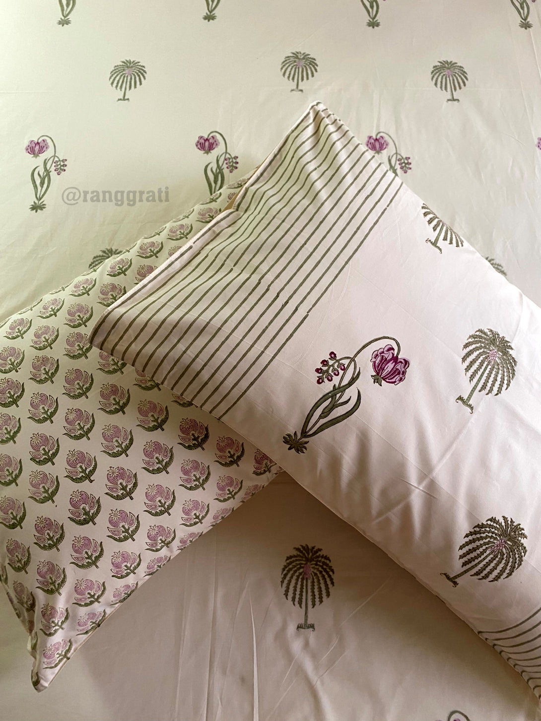 Beige Base Pink Floral Hand Block Cotton King Size Bedsheet With Pillow Covers