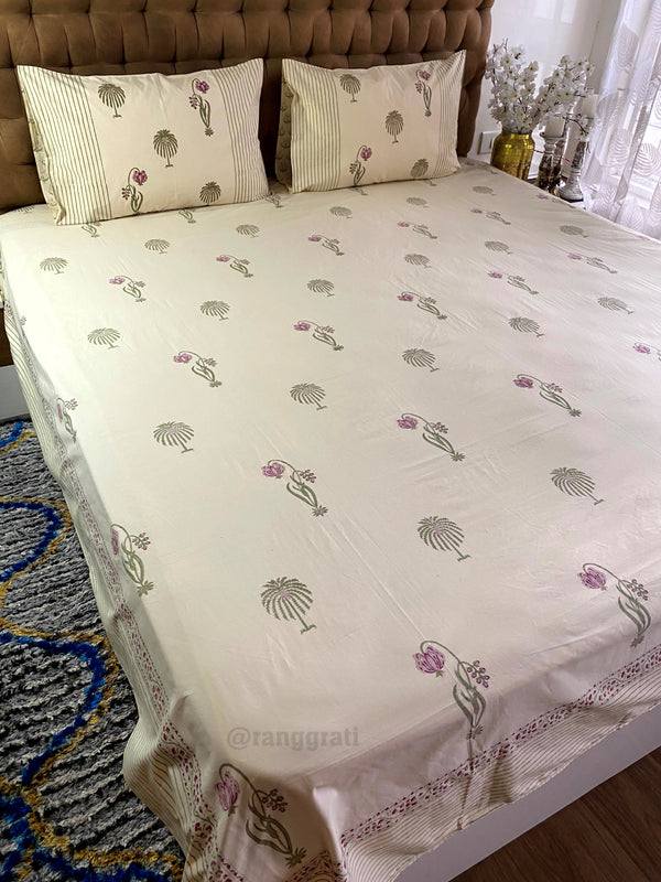 Beige Base Pink Floral Hand Block Cotton Bedsheet King Size
