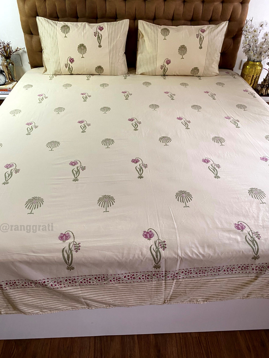 King Size Beige Base Pink Floral Hand Block Cotton Bedsheet