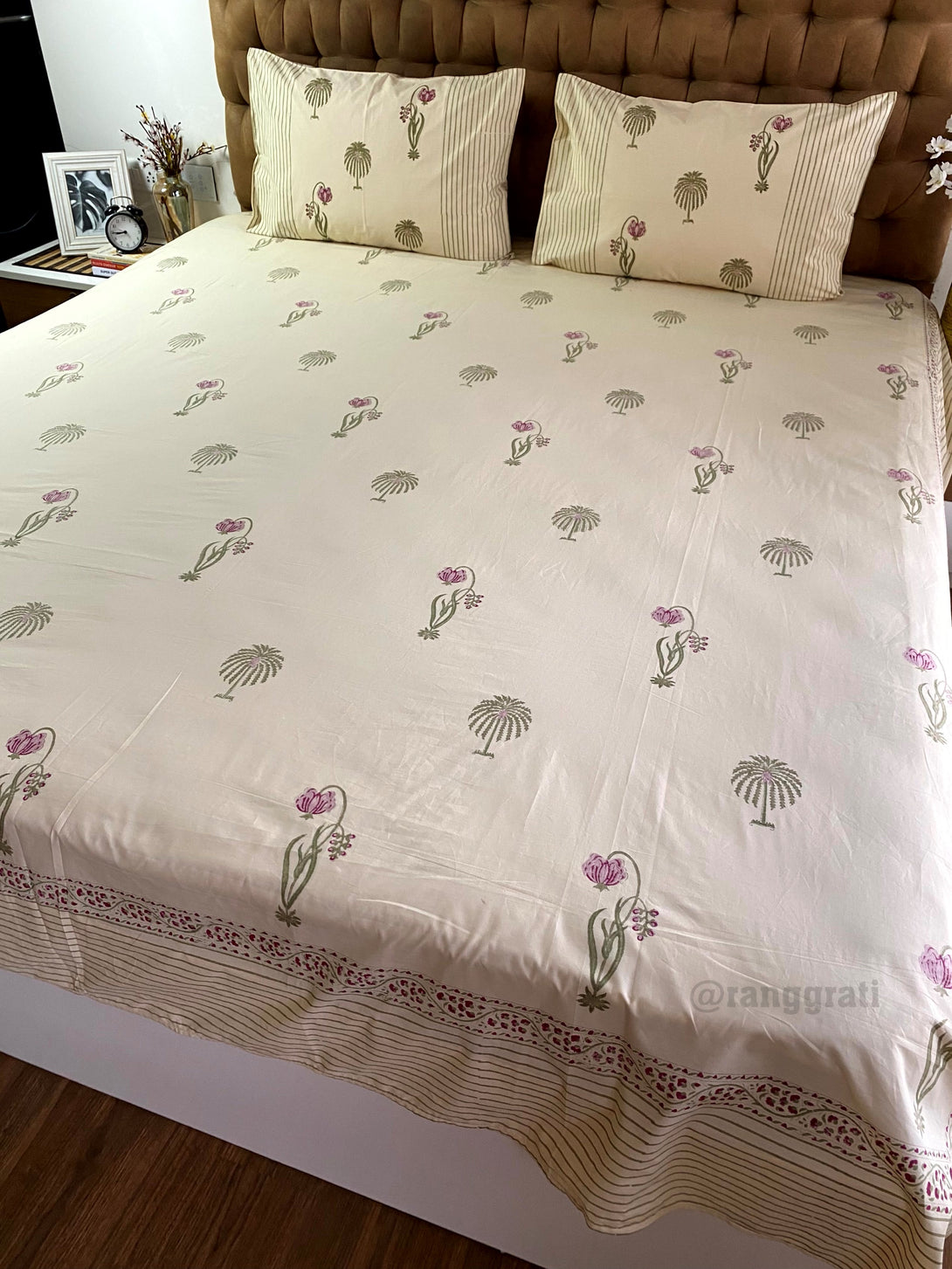 Cotton King Size Beige Base Pink Floral Hand Block Bedsheet