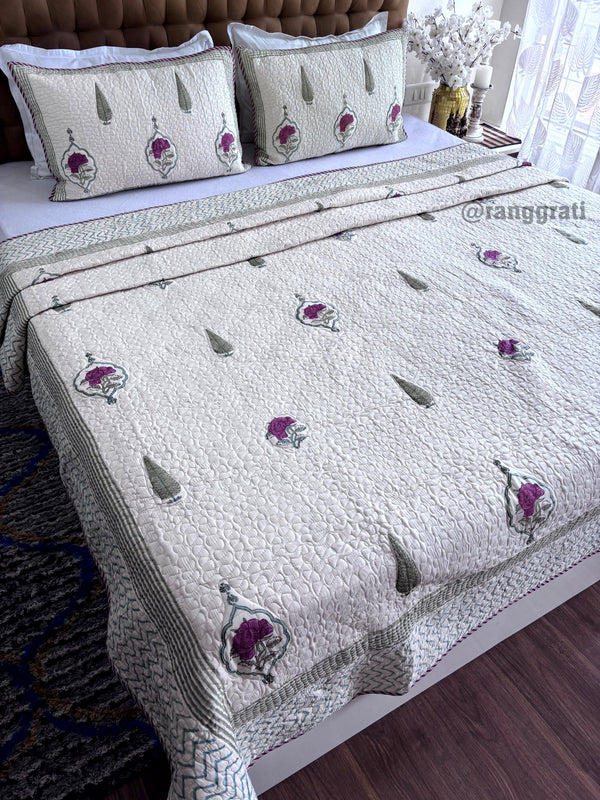 Beige Base Pink Rose Mulmul Voile Quilted Bedcover King Size