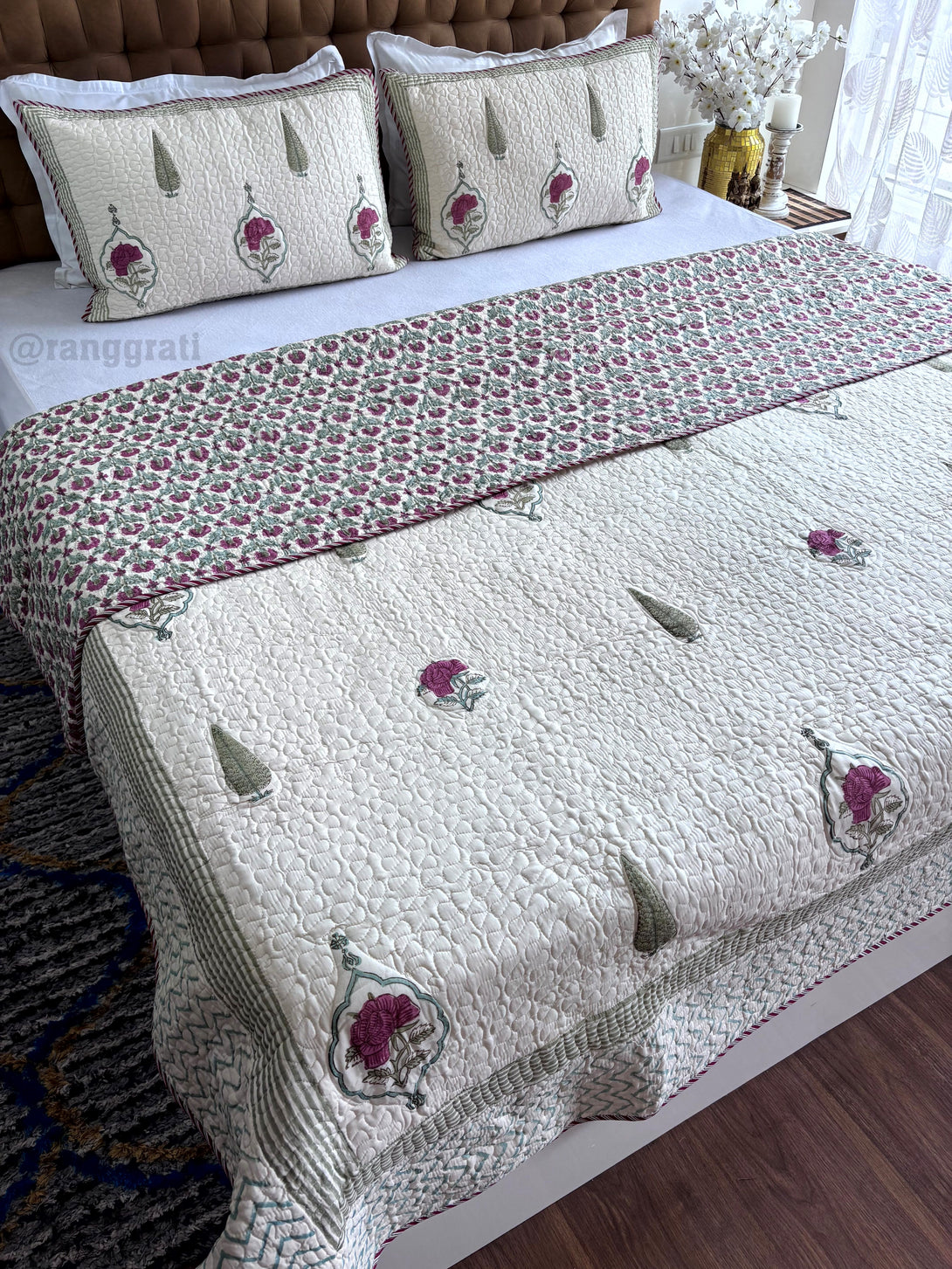 Beige Base Pink Rose Mulmul Voile Quilted Bedcover 90 X 108 Reversible