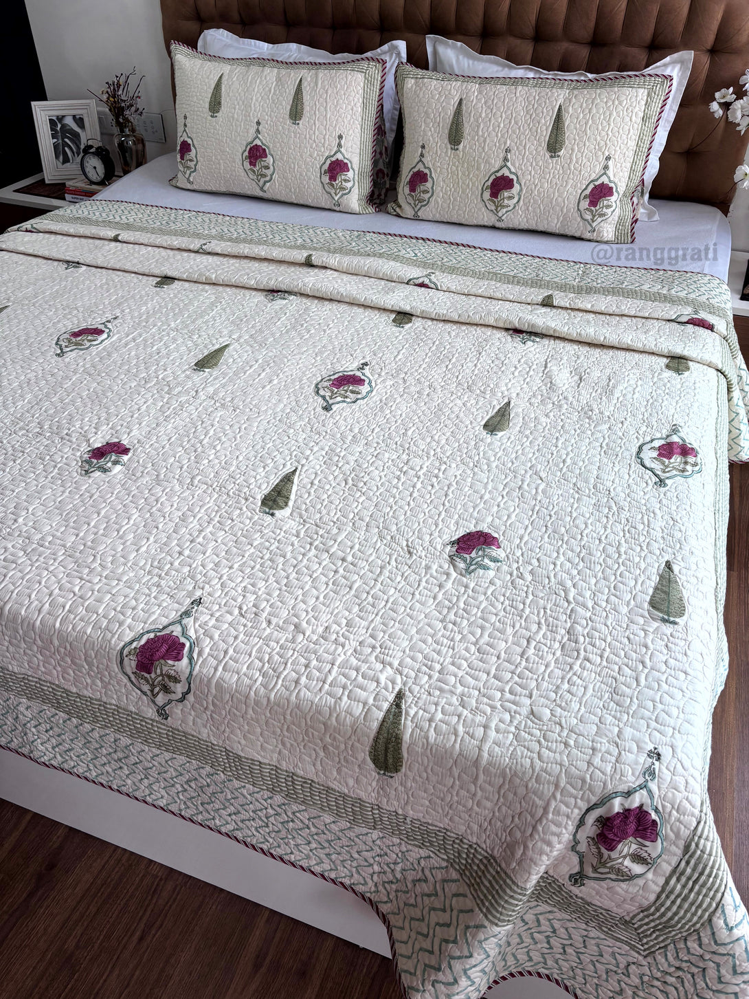 King Size Beige Base Pink Rose Mulmul Voile Quilted Bedcover