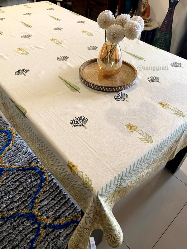 Beige Base Yellow Floral Table Cover Cloth 6 Seater Dining Table Rectangular