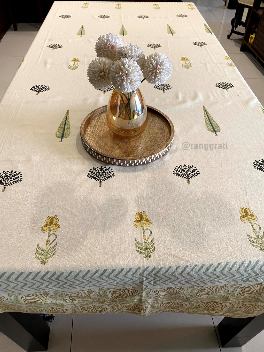 Beige Base Yellow Floral Table Cover Cloth 6 Seater Dining Table Rectangular Canvas Cotton