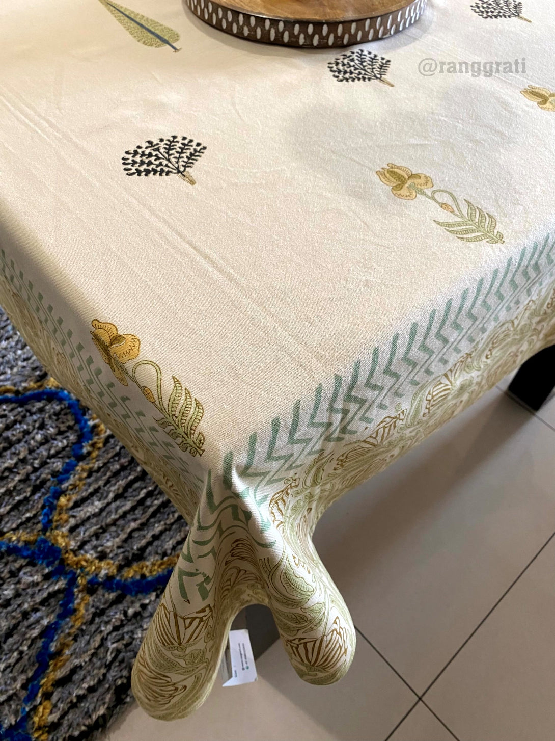 Canvas Cotton Beige Base Yellow Floral Table Cover Cloth 6 Seater Dining Table Rectangular