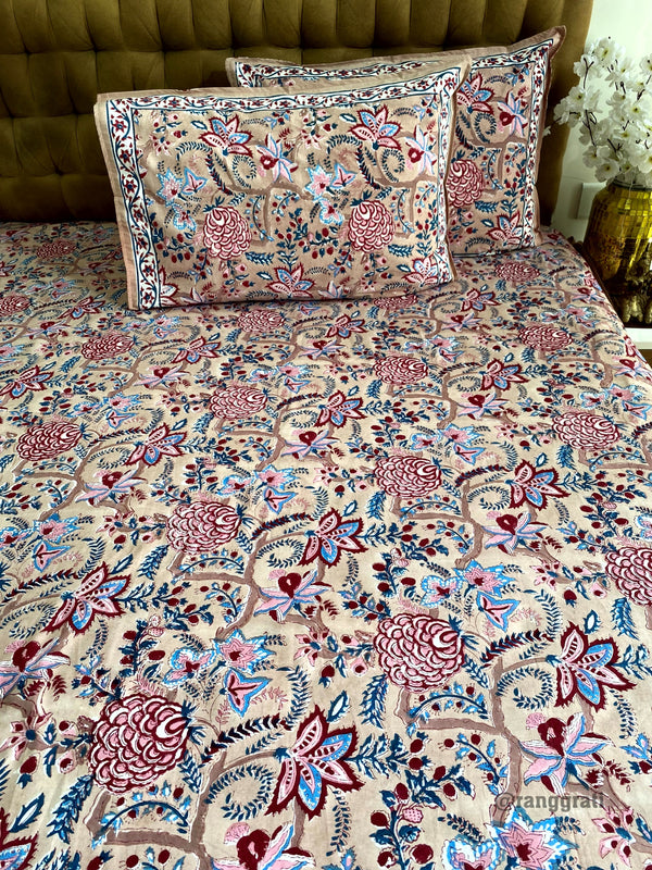 Beige Color Red Carnation Floral Hand Block Cotton King Size Bedsheet