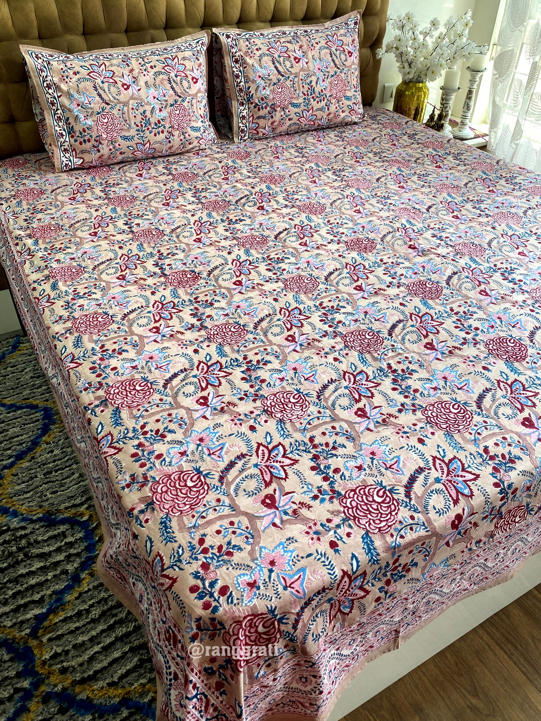 Beige Color Red Carnation Floral Cotton King Size Bedsheet