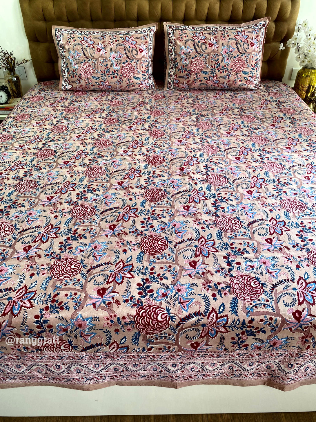 King Size Beige Color Red Carnation Floral Hand Block Cotton Bedsheet