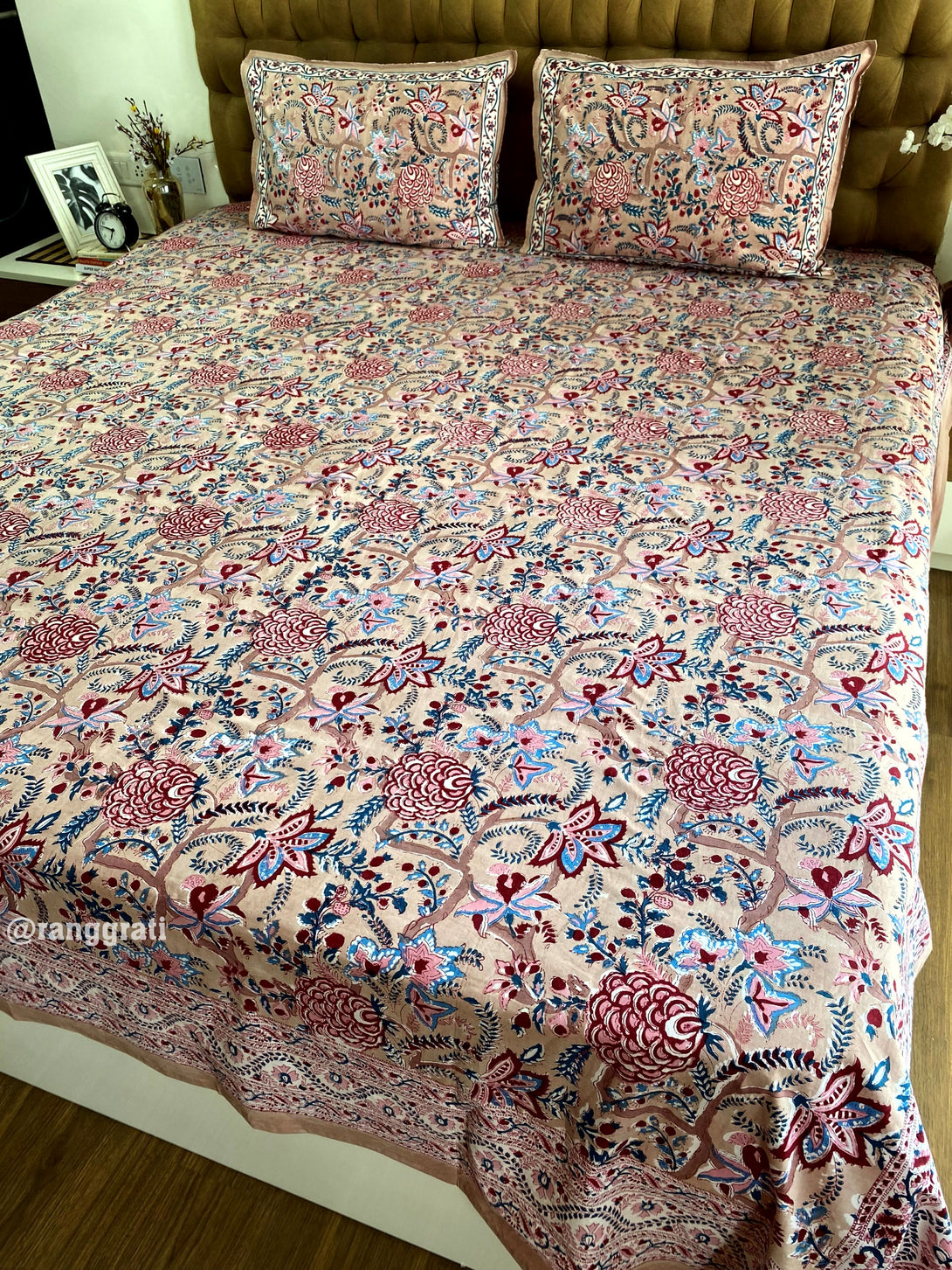 Beige Color Red Carnation Floral Hand Block Cotton Bedsheet King Size