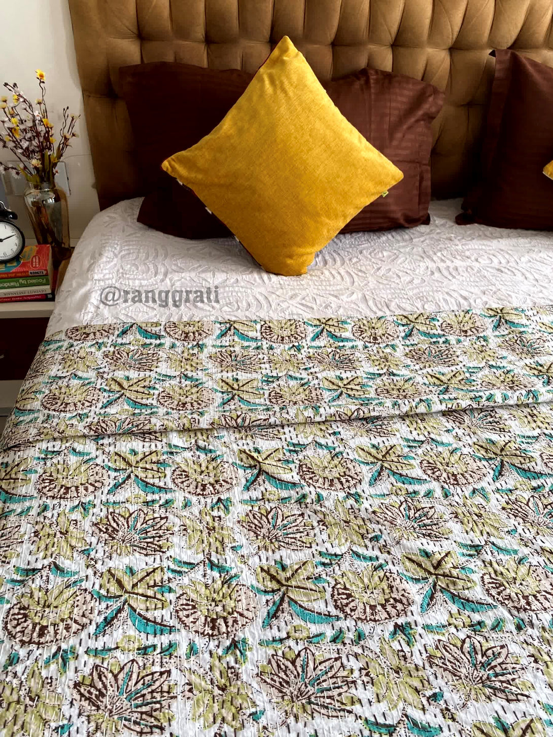 Beige Floral Kantha Bedcover For Double Bed King Size