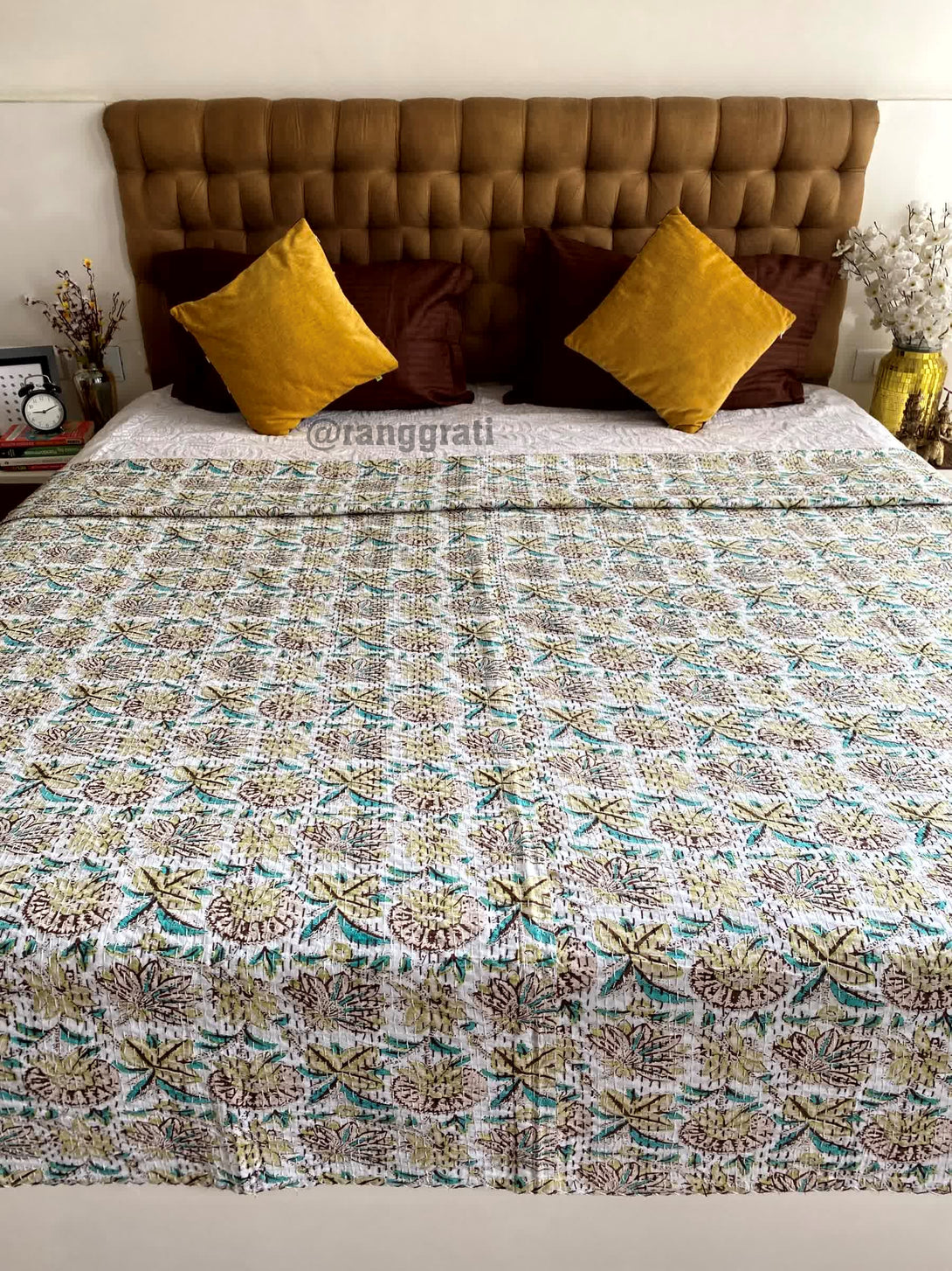 Beige Floral Kantha Bedcover King Size For Double Bed