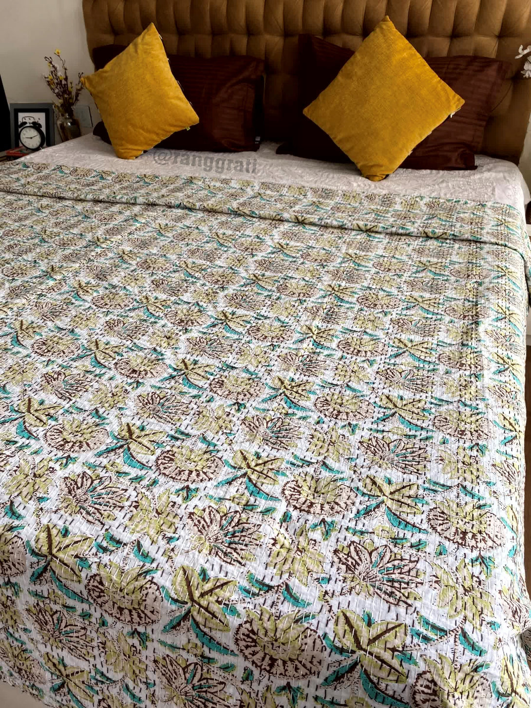 Kantha Bed Cover Beige Floral For Double Bed King Size