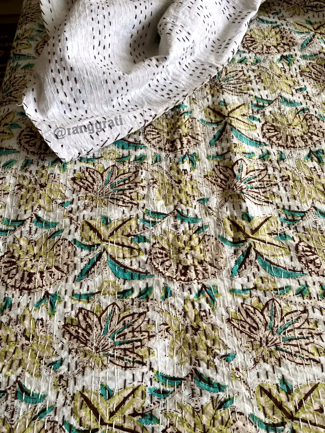 Beige Floral King Size Kantha Bedcover For Double Bed 