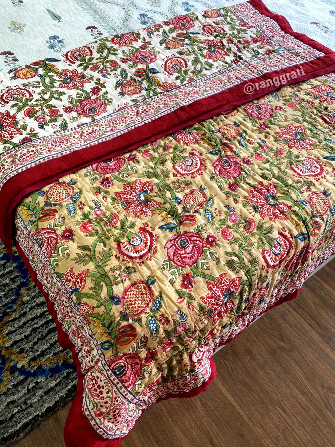 Beige Floral Single Bed Jaipuri Razai / Quilt Cotton Hand Block - Razai
