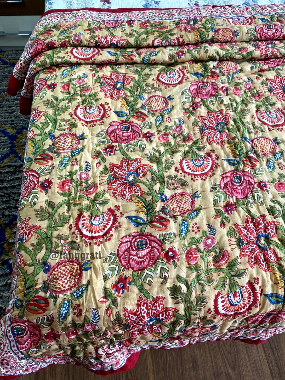 Beige Floral Single Bed Jaipuri Razai / Quilt Cotton Hand Block - Razai