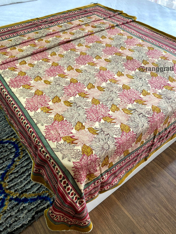 Beige Floral Dohar For Single Bed In Mulmul Cotton Reversible