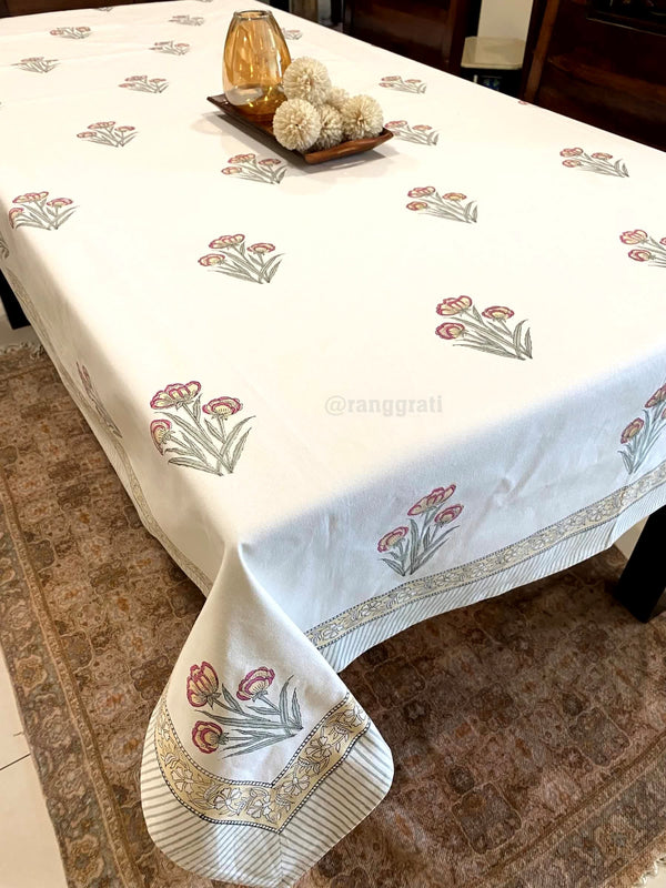 Beige Floral Table Cover Cloth 8 Seater Dining Table Rectangular - Table Cover