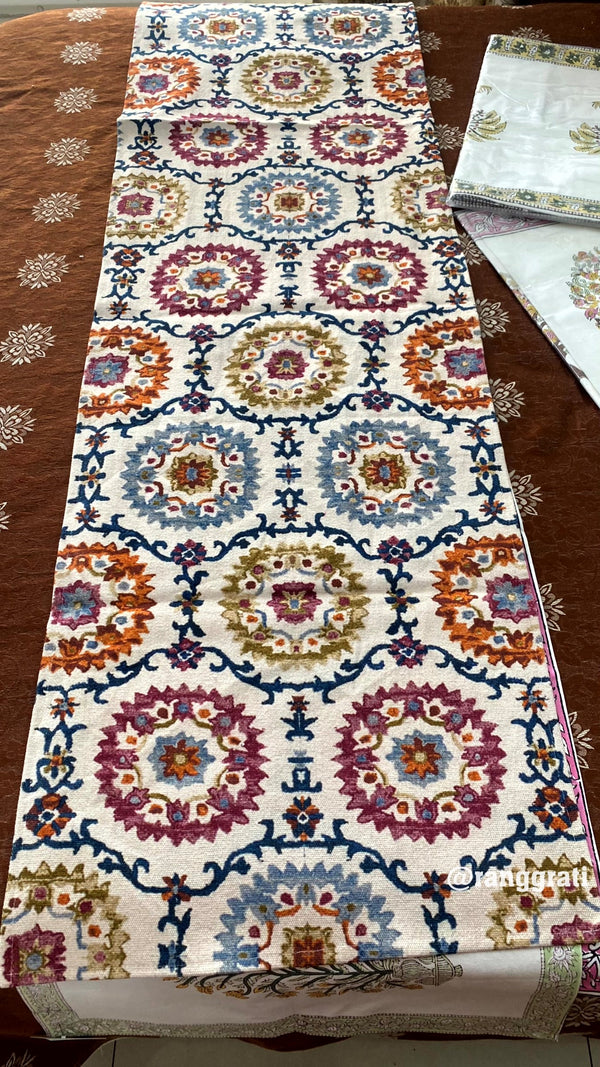 Beige Geometric Jute Cotton Table Runner Hand Block Print For 6 Seater Dining Table