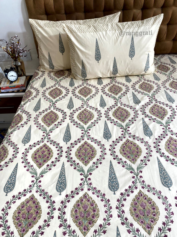 Beige Jaal Floral Super King Size 250 TC Bedsheet Cotton Hand Block