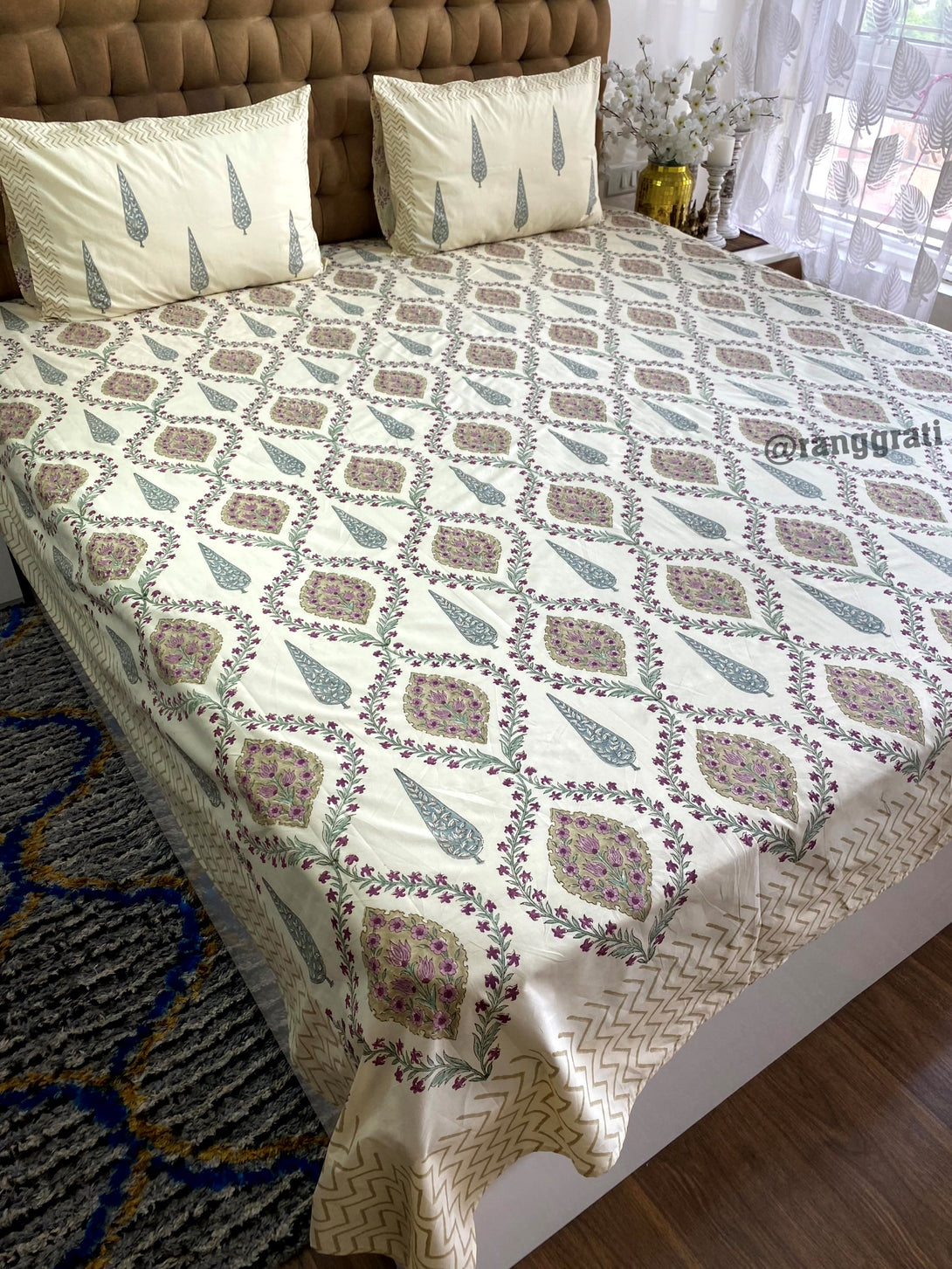 Beige Jaal Floral Super King Size Bedsheet Cotton Hand Block