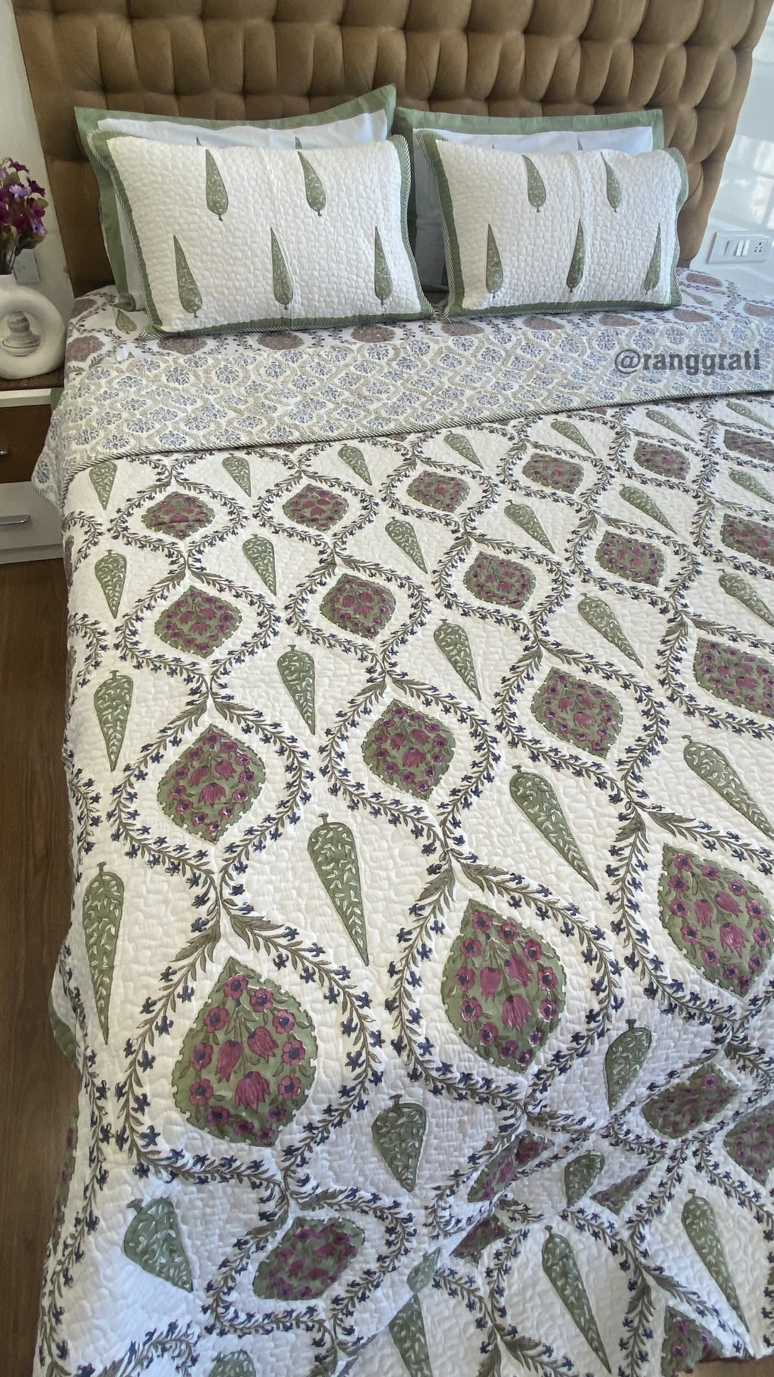 Beige Jaal Floral Quilted Reversible Bedcover Super King 108 X 108