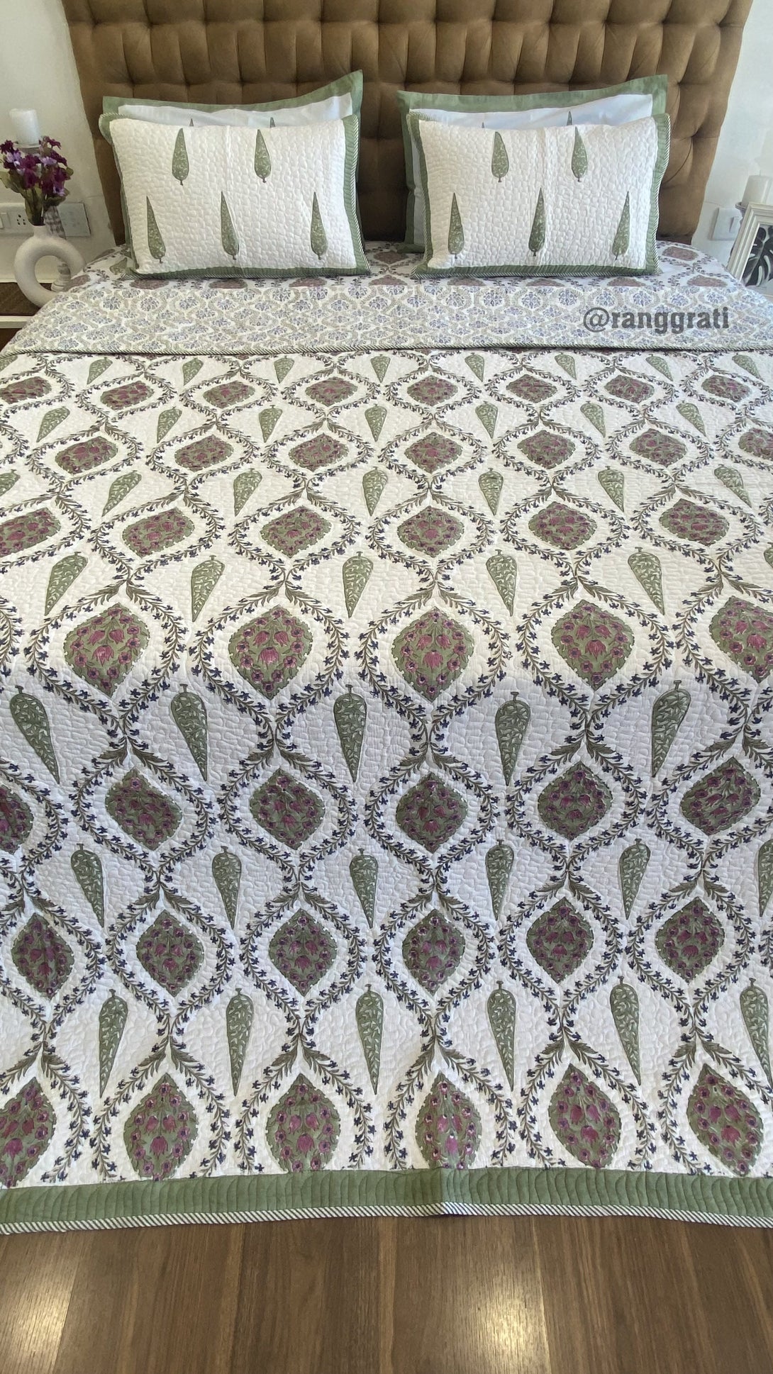 Beige Jaal Floral Quilted Bedcover Super King Size