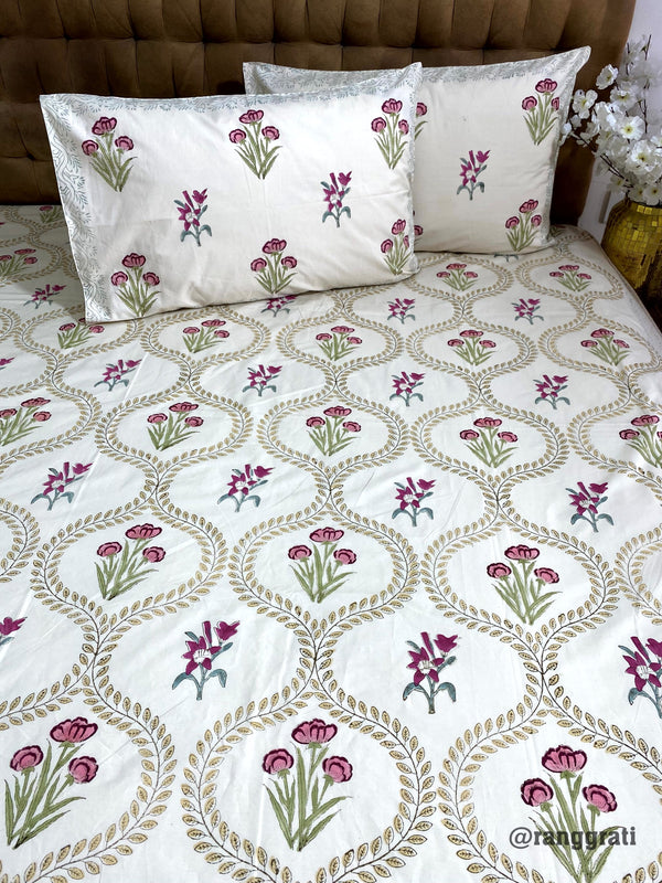 Beige Jaal Pink Floral Hand Block Cotton King Size Bedsheet