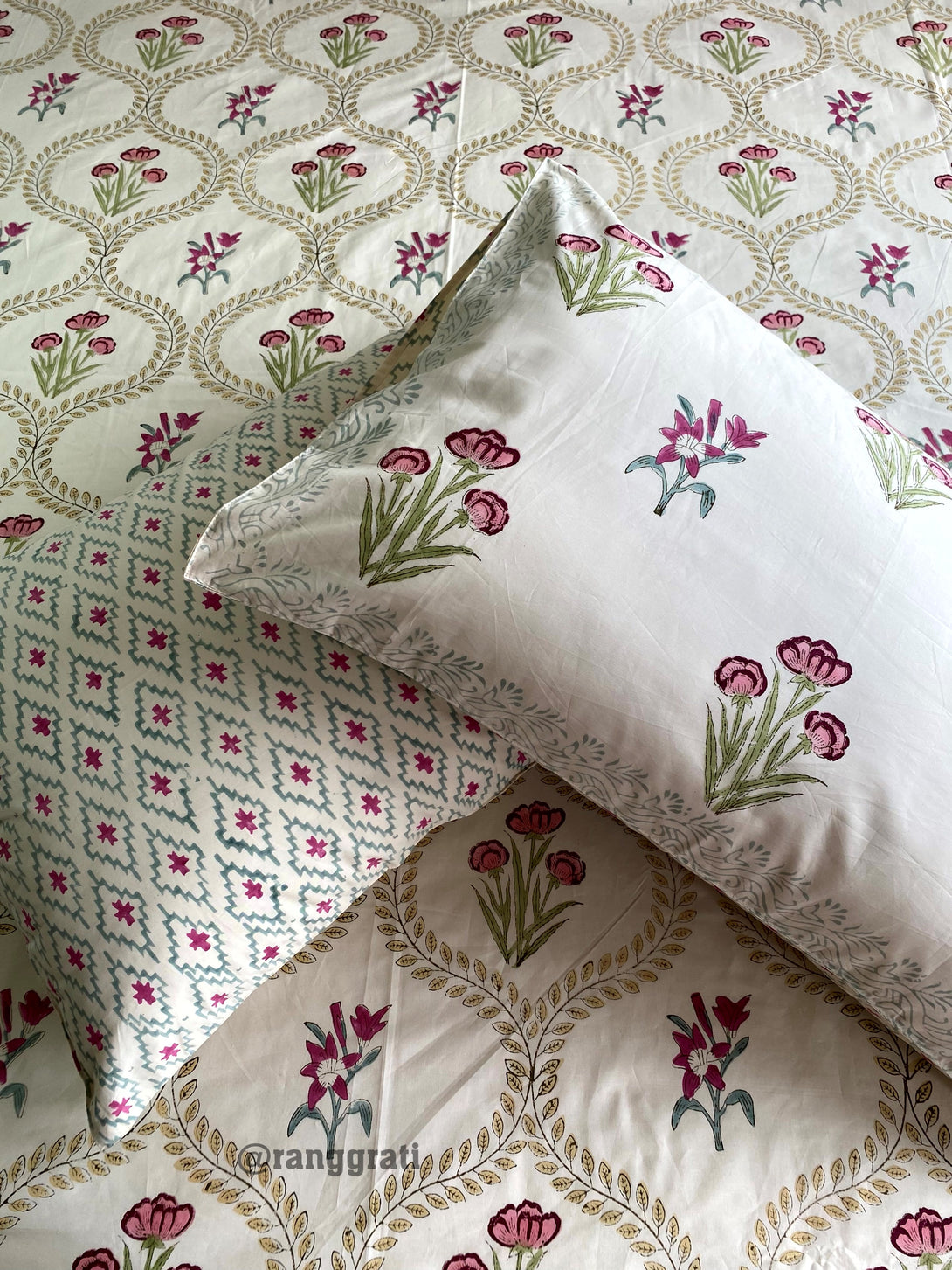 Beige Jaal Pink Floral Hand Block Cotton King Size Bedsheet With Pillow Covers