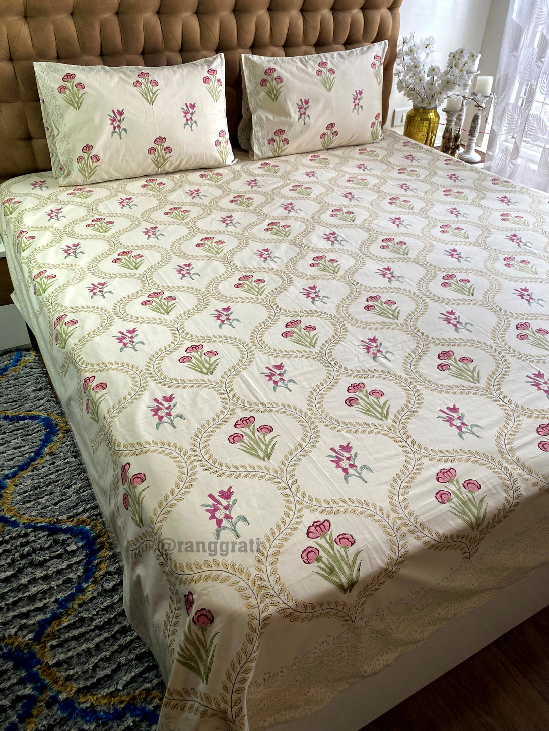 Beige Jaal Pink Floral Hand Block Cotton Bedsheet King Size
